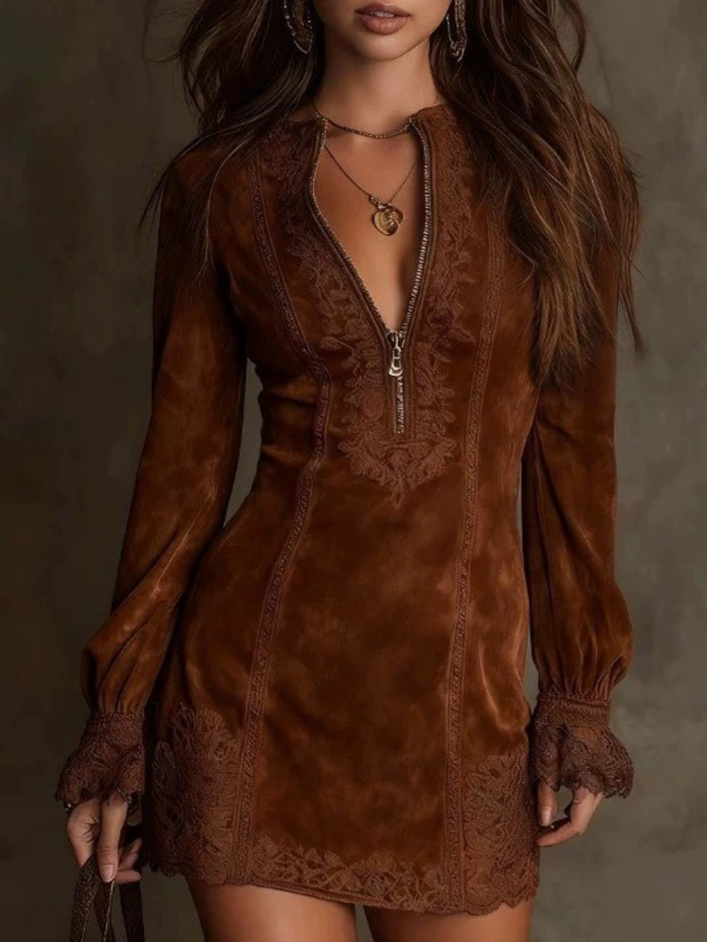 Zipper Lace Patchwork Collar Long Sleeve Loose Embroidered Dress